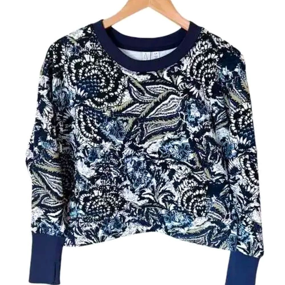JOIE SWEATSHIRT CROPPED TOP PAISLEY BLUE NAVY TRIM LONG SLEEVES